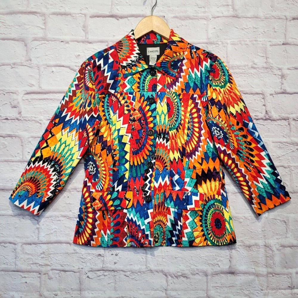 Chicos 0 Jacket Womens Small Blue Orange Red Artsy Vibrant Button Pockets Lined